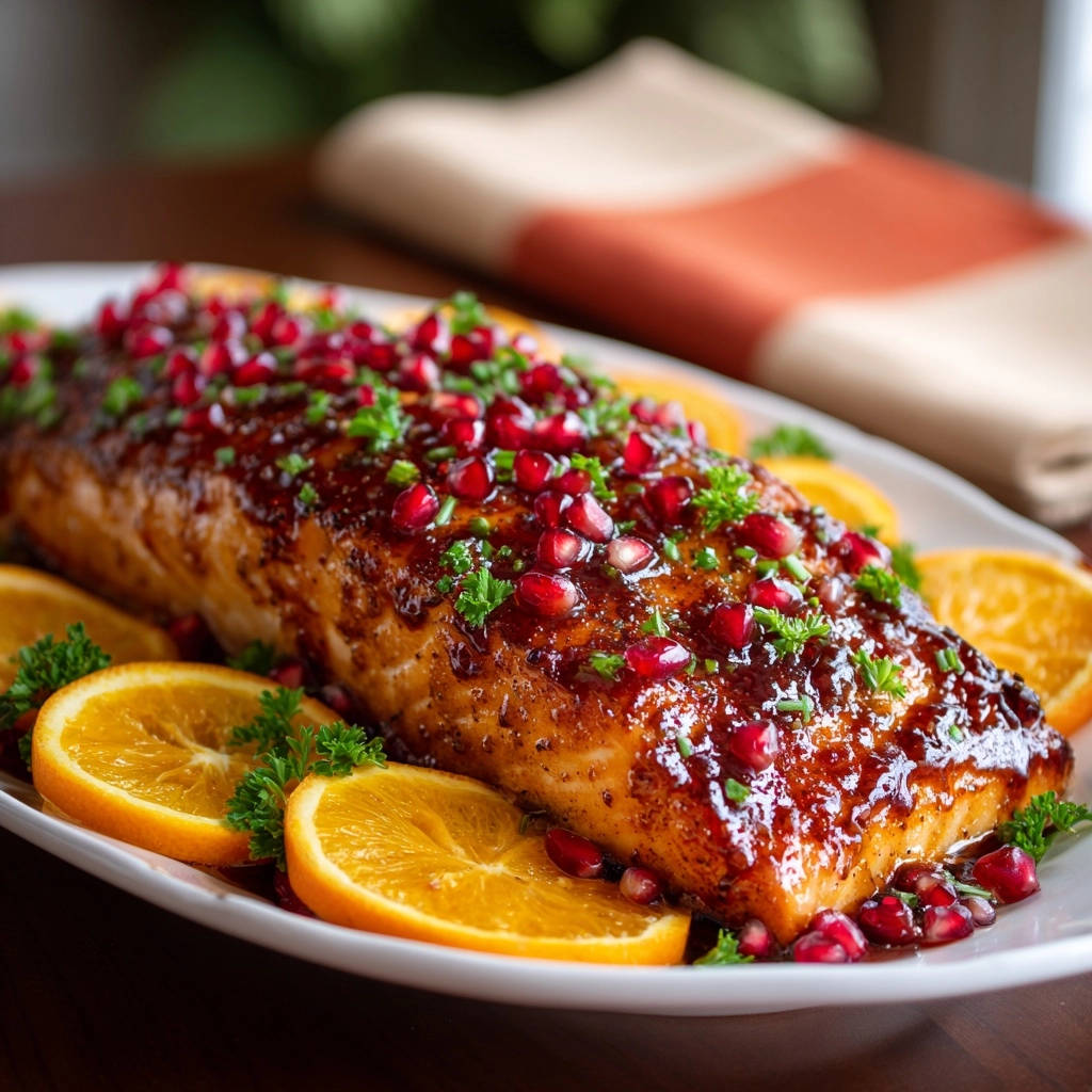 Saftiges Lachsfilet Mit Granatapfel Orangen Glasur Serviert 1 Saftiges Lachsfilet mit Granatapfel-Orangen-Glasur, serviert auf einer Platte mit Orangenscheiben und Granatapfelkernen, ein Fest für die Augen.