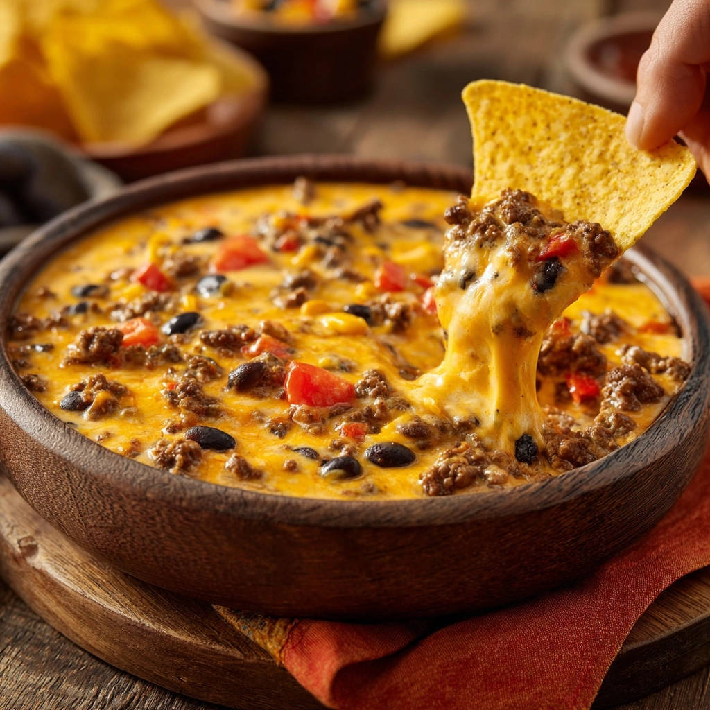 Samtiger Tex Mex Kase Dip Chunky Dip 1 Samtiger Tex-Mex Käse-Dip mit geschmolzenem Käse und einem knusprigen Tortilla-Chip, der den Dip aufnimmt.