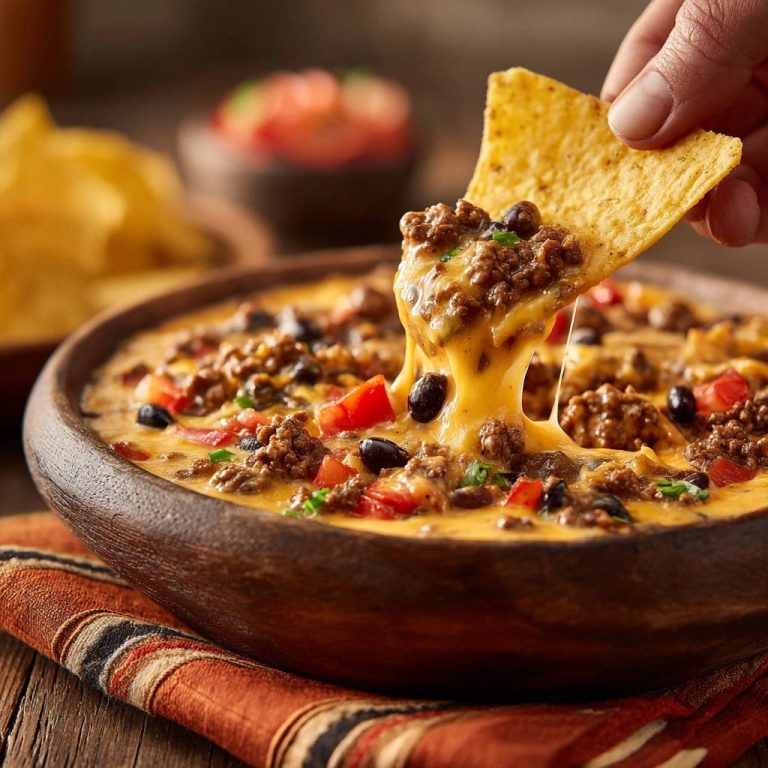 Samtiger Tex-Mex Käse-Dip: Ein Tortilla-Chip wird in den cremigen Käse-Dip mit Hackfleisch und Bohnen getunkt.