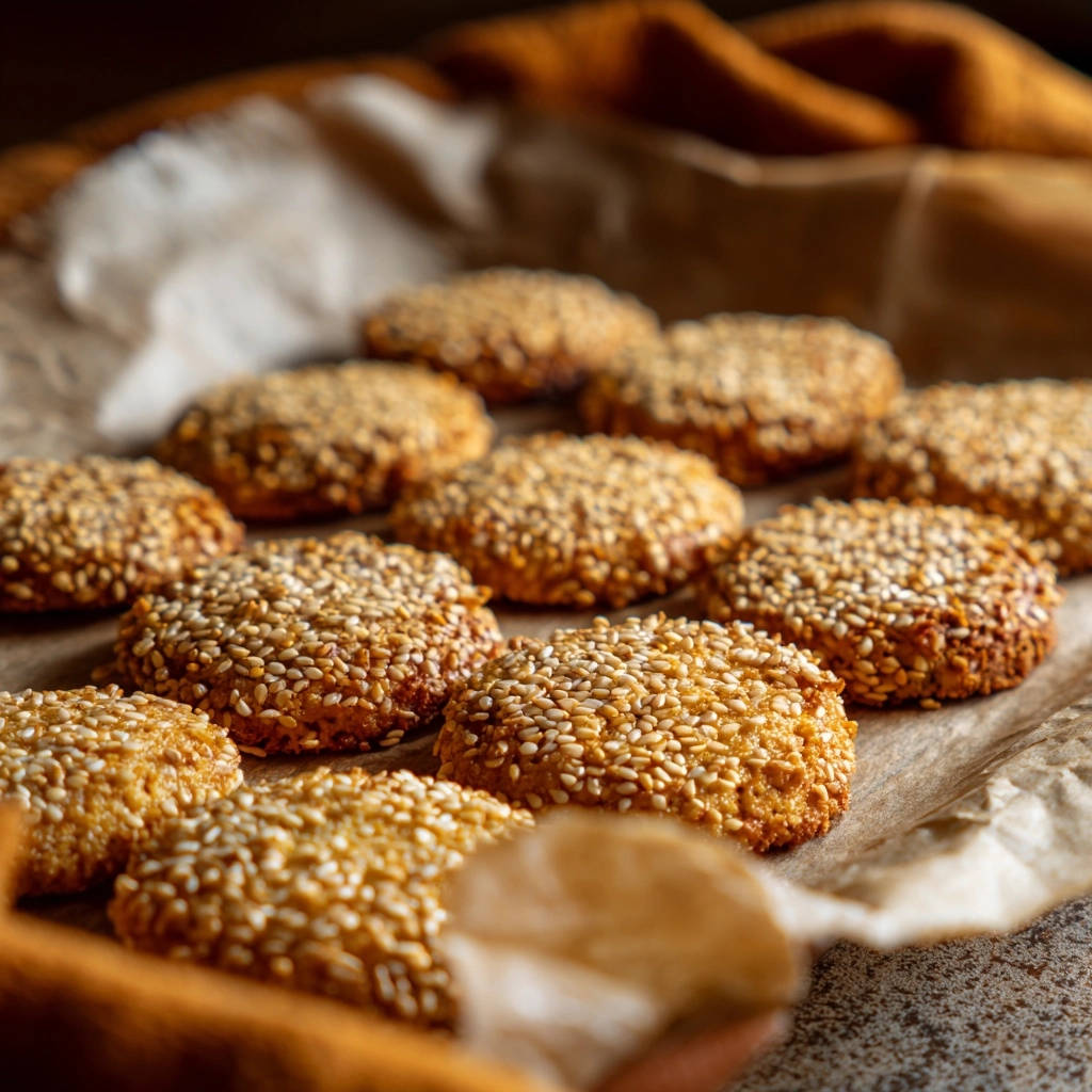 Sesam Gluckskugeln Nahaufnahme 1 Sesam-Glückskugeln in Nahaufnahme, bedeckt mit goldbraunen Sesamkörnern, auf Backpapier gebacken und perfekt zubereitet.