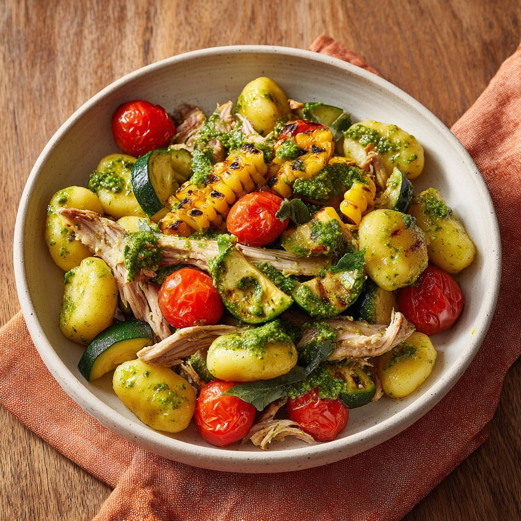 Sommerliche Gnocchi Pfanne Mit Huhn Draufsicht 1 Sommerliche Gnocchi-Pfanne mit Huhn, serviert in einer Schüssel mit Grillgemüse und Pesto, aufgenommen aus der Draufsicht, bereit zum Genießen.