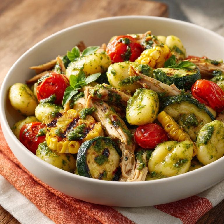 Sommerliche Gnocchi-Pfanne mit Huhn, serviert in einer weißen Schüssel von oben, mit Grillgemüse und leckerem Pesto.