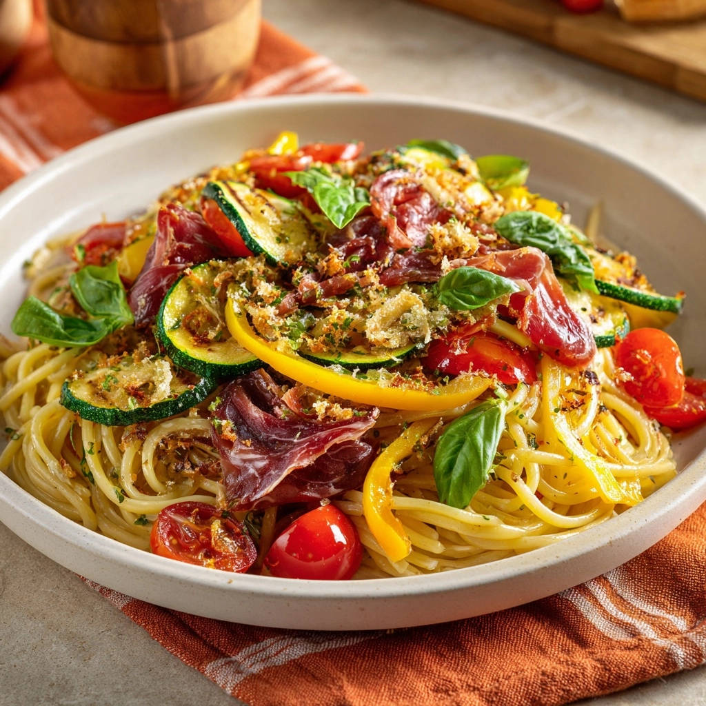 Sommerliche Spaghetti Prosciutto Zucchini Draufsicht 1 Sommerliche Spaghetti mit Prosciutto und Zucchini in einer flachen Schüssel, von oben betrachtet und mit frischen Kräutern garniert.