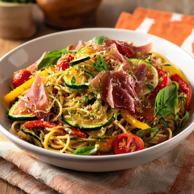 Sommerliche Spaghetti mit Prosciutto und Zucchini in einer Schüssel, von oben betrachtet. Ein frisches Gericht mit Zucchini, Tomaten und Kräutern garniert.