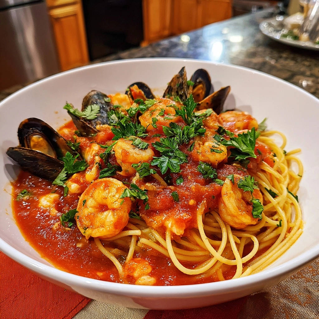 Spaghetti Mit Meeresfrchten Marinara Serviert 1 Spaghetti mit Meeresfrüchten Marinara serviert in einer weißen Schüssel, garniert mit frischer Petersilie und Muscheln. Ein köstliches, sättigendes Gericht.