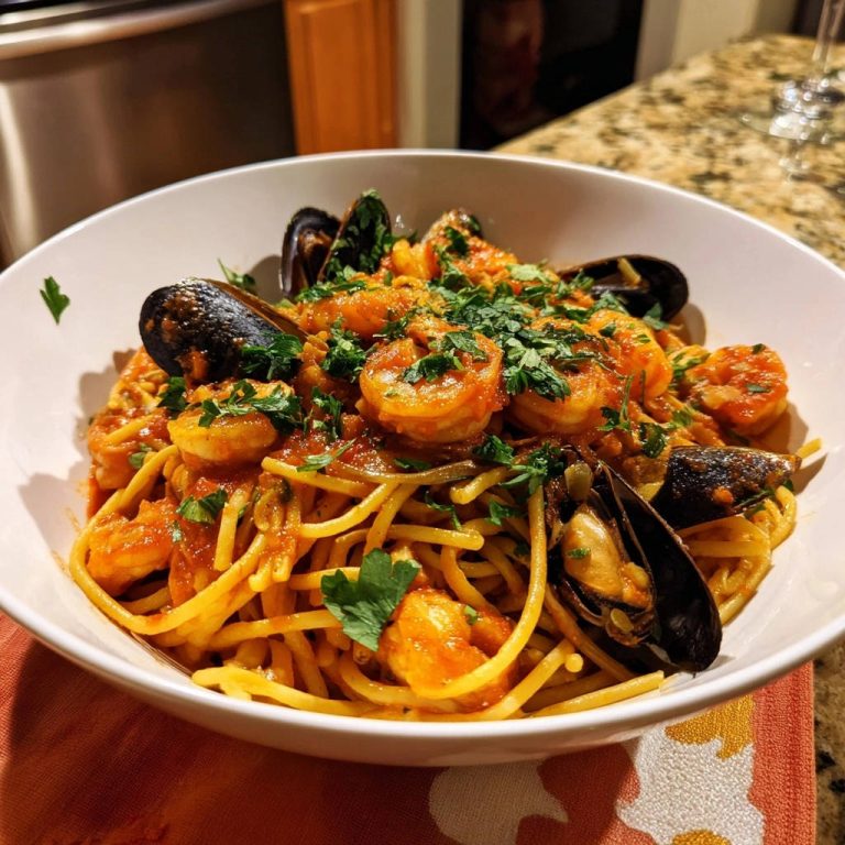 Spaghetti mit Meeresfrüchten Marinara serviert in einer tiefen Schüssel, garniert mit frischer Petersilie, ein köstliches Gericht.