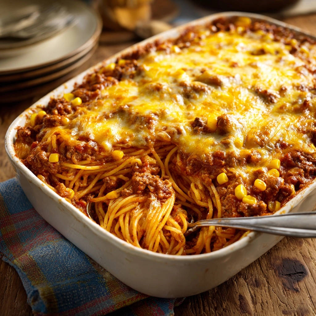 Ueberbackene Bolognese Spaghetti Querschnitt 1 Überbackene Bolognese-Spaghetti: Ein köstlicher Querschnitt zeigt die geschmolzene Käseschicht und die cremigen Spaghetti.