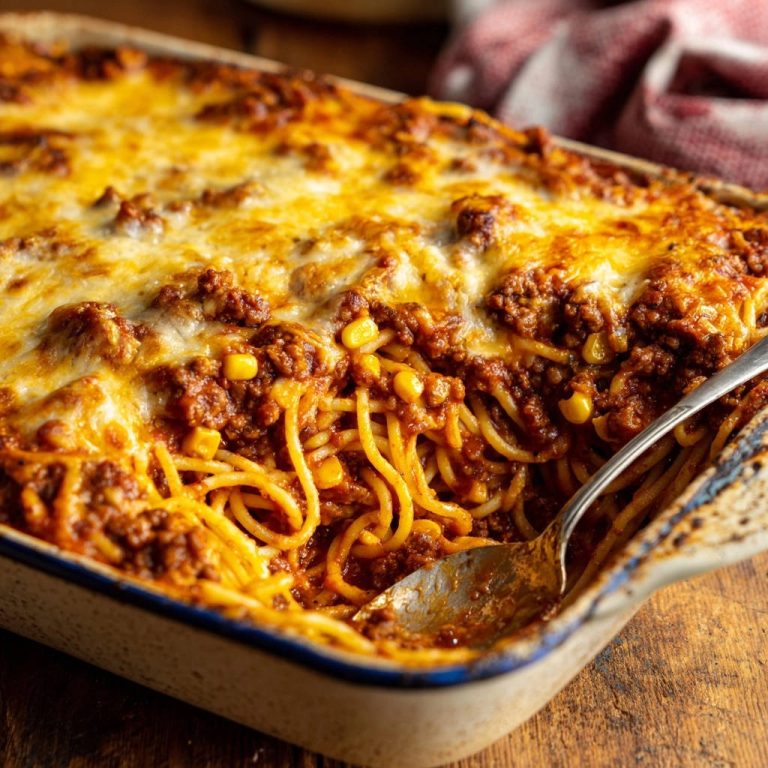 Überbackene Bolognese-Spaghetti im Auflaufform, mit einem Löffel, der einen saftigen Querschnitt des Gerichtes zeigt.