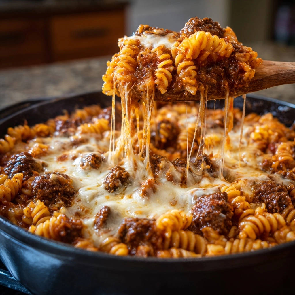 Ueberbackene Hackbaellchen Pasta Kaese Zieht 1 Überbackene Hackbällchen-Pasta: Nahaufnahme von Käse, der beim Herausheben der Pasta aus der Pfanne köstlich zieht.