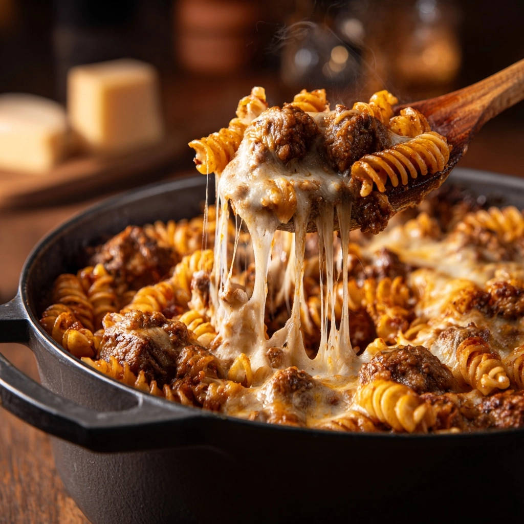 Überbackene Hackbällchen-Pasta mit geschmolzenem Käse, der sich appetitlich zieht, serviert in einer gusseisernen Pfanne. Ein herzhaftes Gericht, perfekt für jeden Anlass.