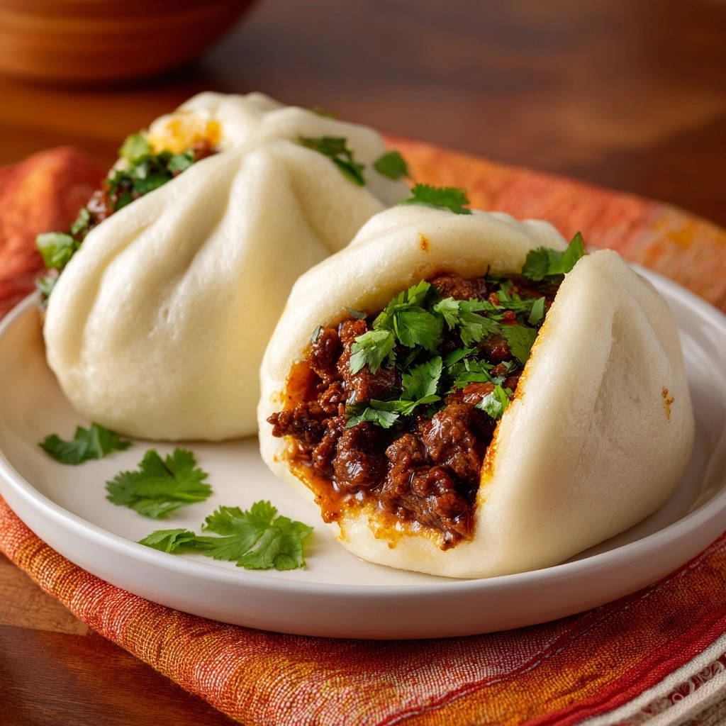 Ultimative Baozi Pulled Beef Nahaufnahme Serviert 1 Ultimative Baozi mit saftigem Pulled Beef, serviert auf einem weißen Teller, zeigen eine Nahaufnahme der köstlichen Fleischfüllung und frischer Kräuter.