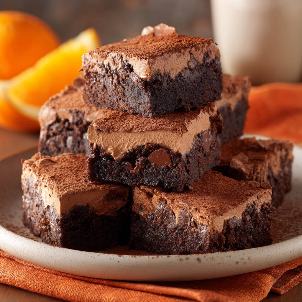Ultra Fudgy Schoko Brownies Mit Kaffee Creme Gestapelt 1 Ultra-Fudgy Schoko-Brownies mit Kaffee-Creme in einem Stapel serviert, mit dunkler Schokoladen-Kaffee-Creme und Kakaopulver bestäubt.