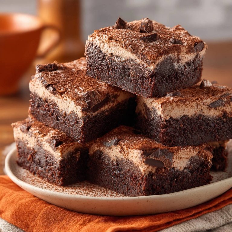 Ultra-Fudgy Schoko-Brownies mit Kaffee-Creme sind in einer rustikalen Anordnung gestapelt, die ihren saftigen, dunklen Teig und die cremige Kaffee-Creme-Haube zeigt.