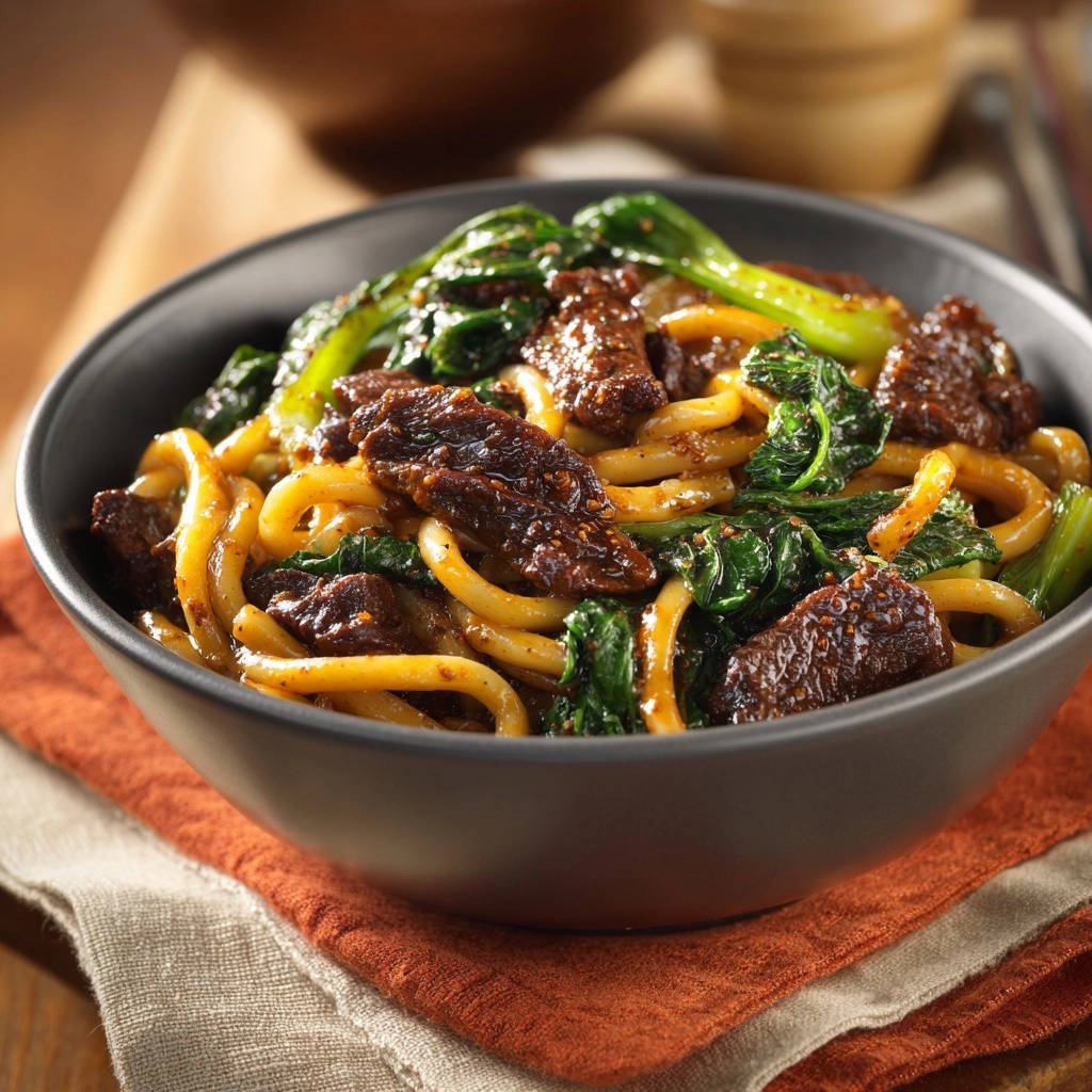 Wok Udon Mit Zartem Rindfleisch Und Gruenem Blattgemuese Ser 1 Wok-Udon mit zartem Rindfleisch und grünem Blattgemüse serviert in einer dunklen Schüssel, die auf einem orangefarbenen Tischtuch steht.