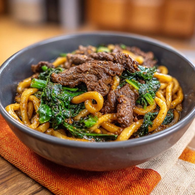 Wok-Udon mit zartem Rindfleisch und grünem Blattgemüse serviert in einer dunklen Schüssel, die die sättigende Mahlzeit perfekt präsentiert.