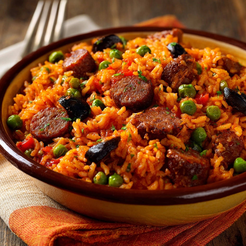 Wurziger Reis Topf Mit Wurst Und Oliven Nahaufnahme 1 Würziger Reis-Topf mit Wurst und Oliven in Nahaufnahme: Die detailreiche Ansicht zeigt die Wurststücke, Oliven und Erbsen in dem aromatischen Reisgericht.