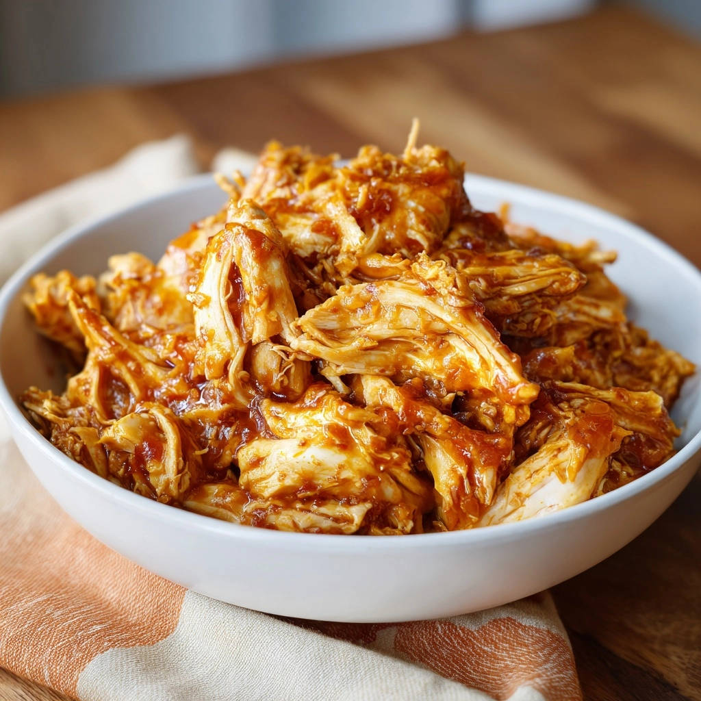 Zartes Pulled Chicken Nahaufnahme 1 Zartes Pulled Chicken präsentiert in einer Nahaufnahme, die die saftige Konsistenz des Fleischs und die glänzende Sauce zeigt.