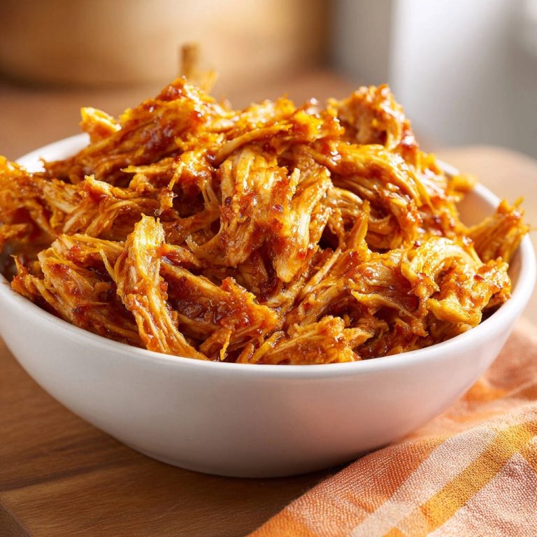 Zartes Pulled Chicken, serviert in einer weißen Schüssel, zeigt eine Nahaufnahme der saftigen und geschredderten Hähnchenbrust mit köstlicher Sauce.