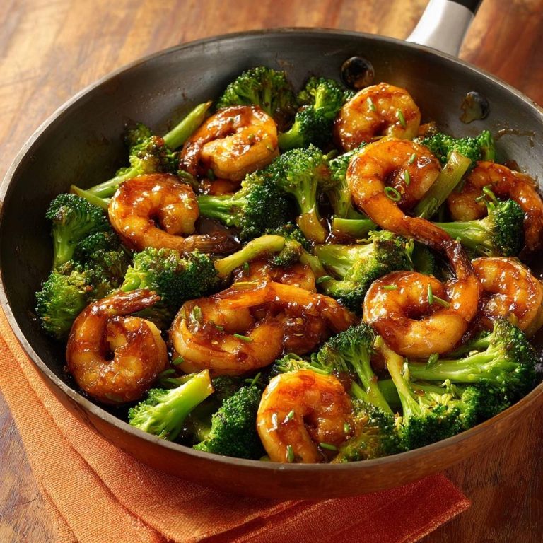 Asiatische Garnelen-Brokkoli-Wok, serviert in einer Pfanne, zeigt eine appetitliche Draufsicht auf das Gericht mit Garnelen und Brokkoli.