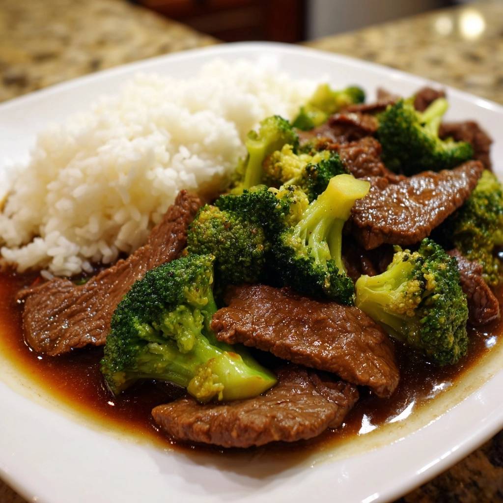 Asiatisches Rindfleisch Mit Brokkoli Serviert 1 Asiatisches Rindfleisch mit Brokkoli serviert auf einem weißen Teller, präsentiert mit Reis und frischem Brokkoli in einer Soße.