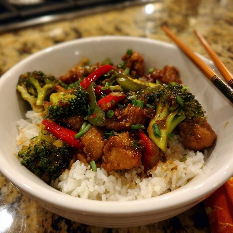 Asiatisches Wok-Hähnchen mit Brokkoli & Paprika über Reis, serviert in einer weißen Schüssel, von oben fotografiert. Dazu Stäbchen.