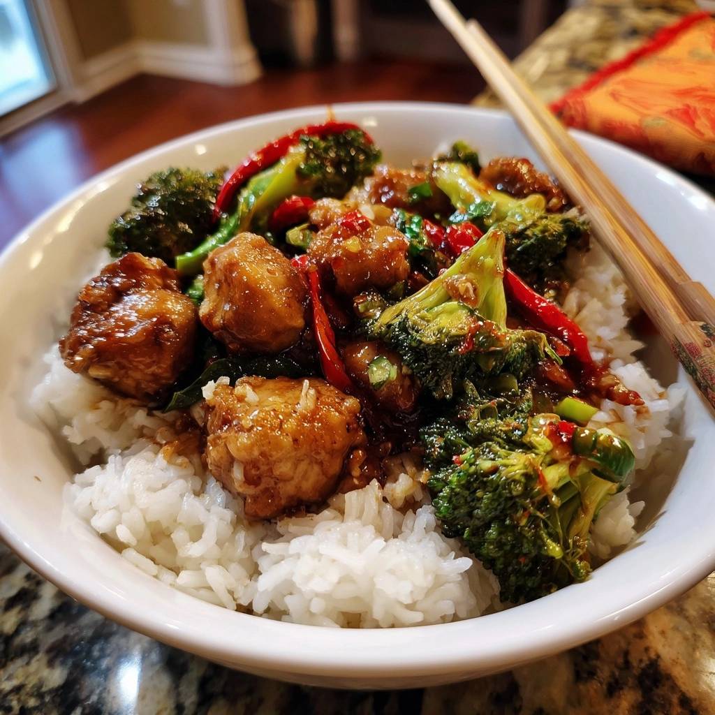 Asiatisches Wok Huhn Mit Brokkoli Paprika Serviert 1 Asiatisches Wok-Hähnchen mit Brokkoli & Paprika über Reis, serviert in einer Schüssel, mit Stäbchen zum Essen.