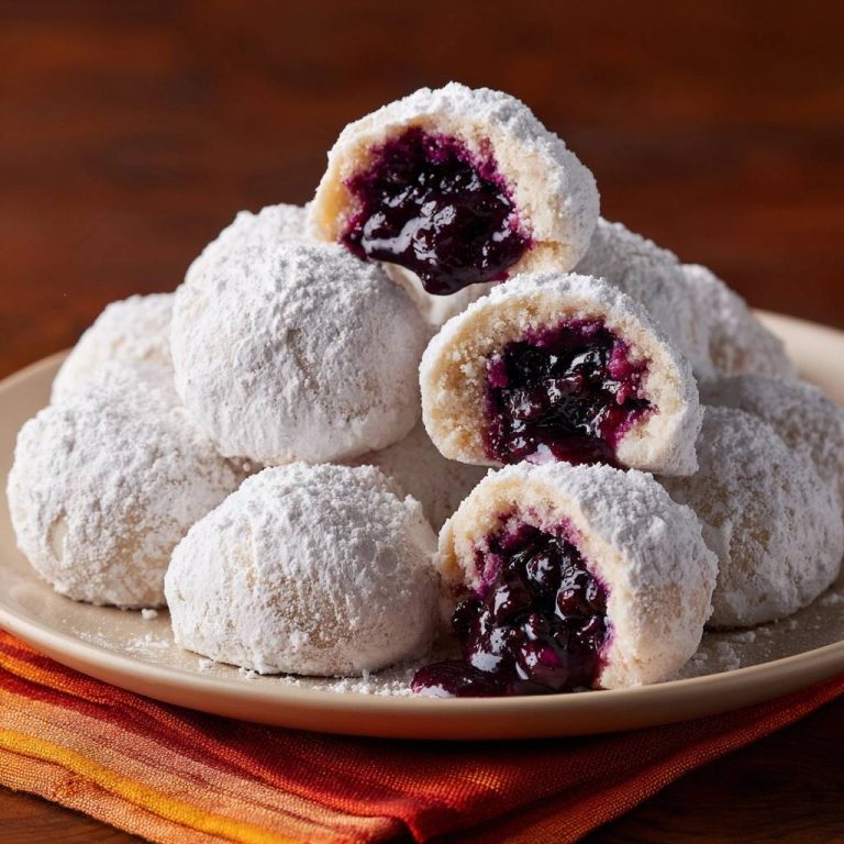 Blaubeer-Schneebälle mit einem verführerischen Querschnitt, der die leuchtende Blaubeerfüllung im Inneren zeigt. Der Puderzucker umhüllt die süßen Kügelchen.