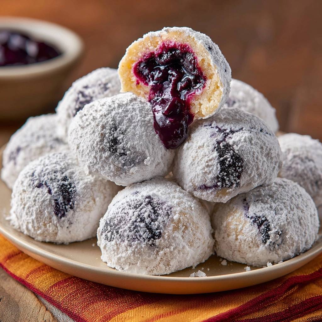 Blaubeer Schneeballe Querschnitt Nahaufnahme 1 Blaubeer-Schneebälle zeigen hier eine Nahaufnahme des Anschnitts, die die saftige Blaubeerfüllung im Inneren offenbart.
