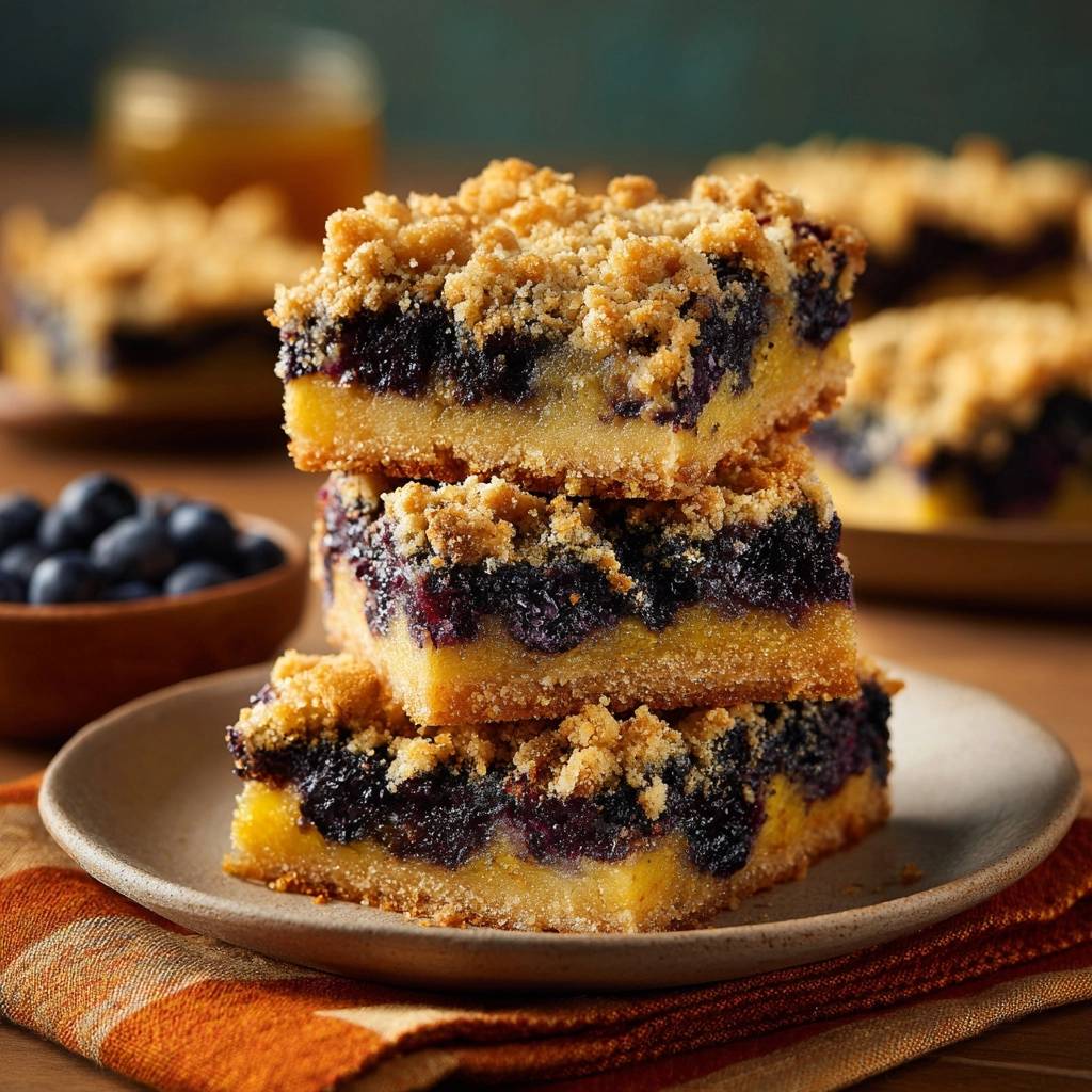 Blaubeer Streuselkuchen Querschnitt Gestapelt 1 Blaubeer-Streuselkuchen, gestapelt auf einem Teller. Der Nahaufnahme-Querschnitt zeigt die saftigen Blaubeeren und den knusprigen Streuselbelag.