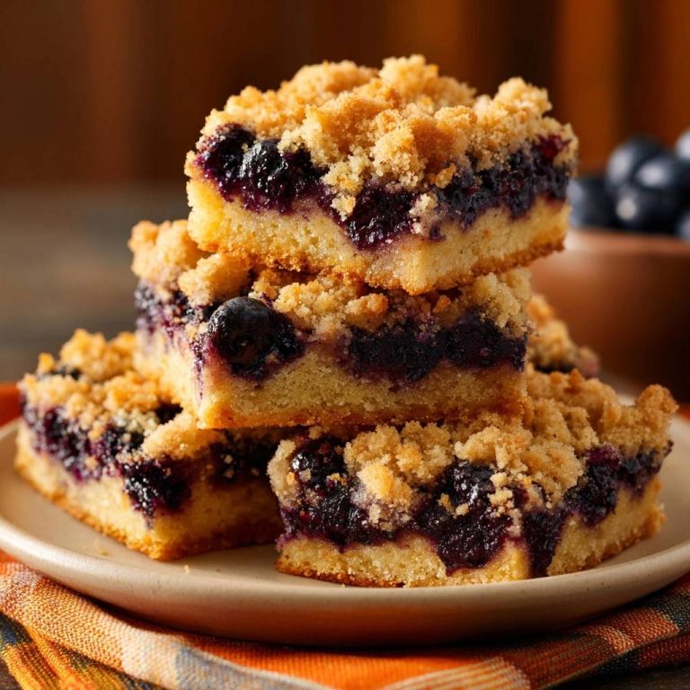 Blaubeer-Streuselkuchen, gestapelt auf einem Teller, zeigt einen verlockenden Querschnitt mit saftigen Blaubeeren. Die Streuselkruste ist goldbraun gebacken.