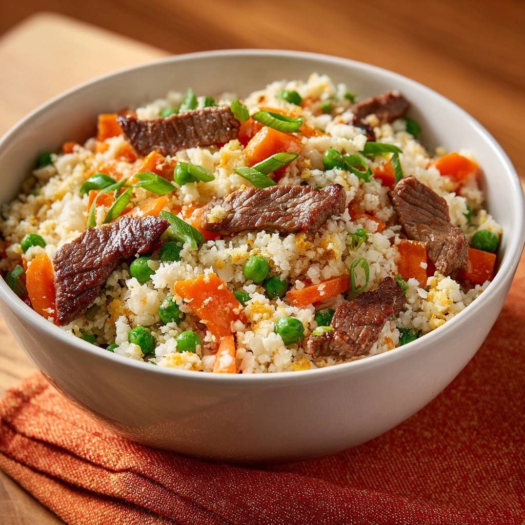 Blumenkohl Fried Rice Mit Rindfleisch Serviert 1 Blumenkohl-Fried-Rice mit Rindfleisch serviert in einer weißen Schüssel. Frisches Gemüse und zartes Rindfleisch sind perfekt angerichtet.