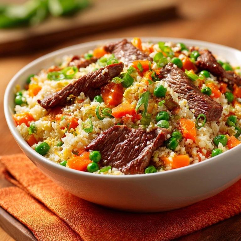 Blumenkohl-Fried-Rice mit Rindfleisch serviert in einer weißen Schüssel, garniert mit frischen Kräutern und saftigem Fleisch.