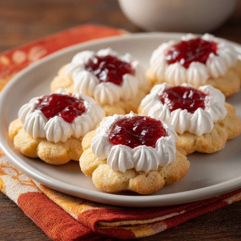 Blumenplätzchen mit Himbeermarmelade und Sahne, die von oben betrachtet werden, präsentiert auf einem Teller mit cremiger Sahne und roter Marmelade.