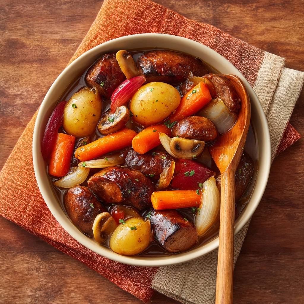 Bratwurst Gemuese Eintopf Draufsicht Serviert 1 Bratwurst-Gemüse-Eintopf, serviert in einer Schüssel, mit Bratwurst, Gemüse und einer Holzkelle, bereit zum Genießen.