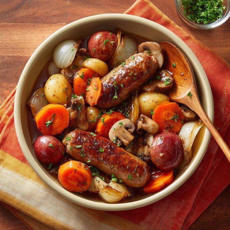 Bratwurst-Gemüse-Eintopf von oben serviert, mit Würstchen, Kartoffeln, Karotten und Zwiebeln in einer cremigen Soße.
