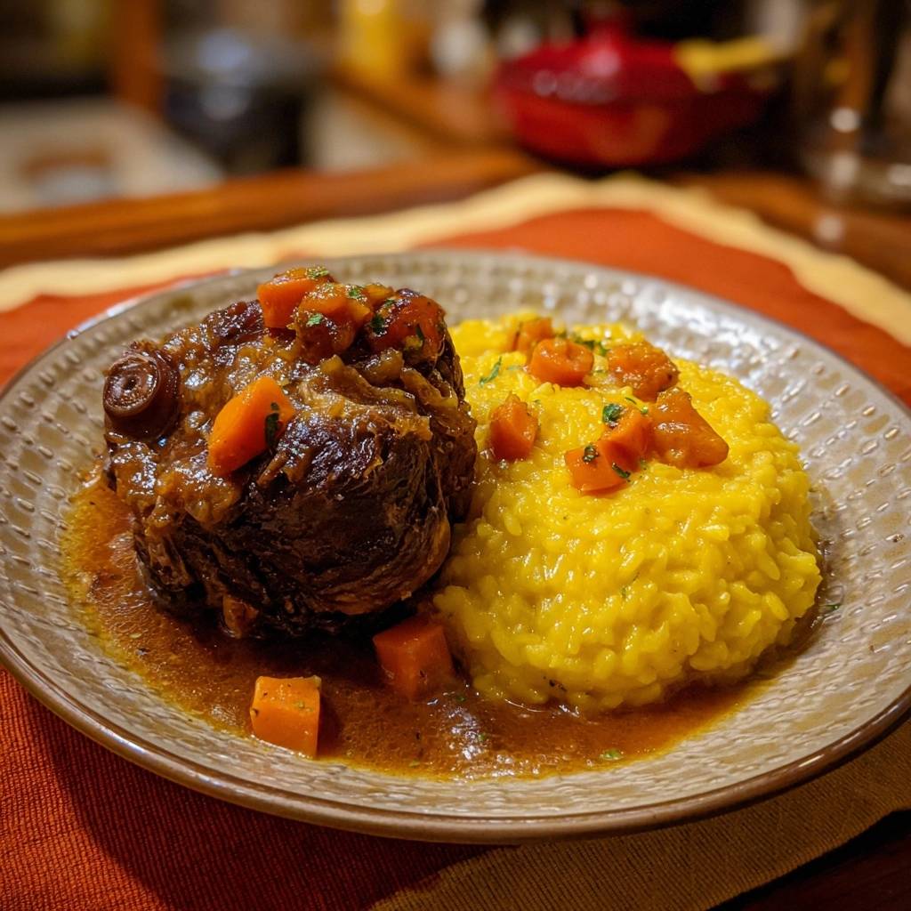 Butterzartes Rindergulasch Mit Safranreis Serviert 1 Butterzartes Rindergulasch mit Safranreis serviert auf einem Teller. Das Gericht präsentiert eine großzügige Portion Gulasch neben cremigem Safranreis.