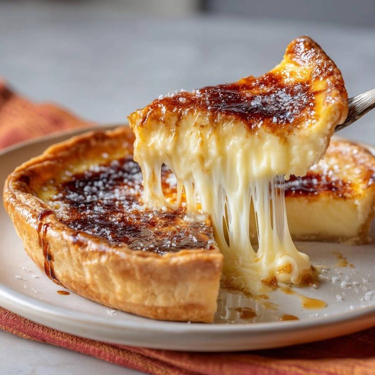 Crème Brûlée Käsetarte im Anschnitt, mit cremigem Kern und karamellisierter Oberfläche, die köstliche Fäden zieht.