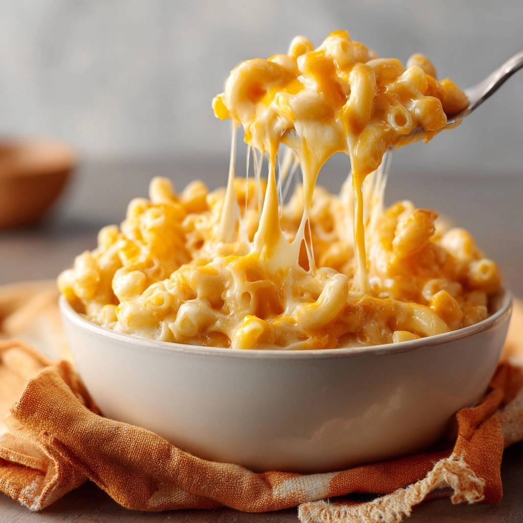 Cremig Mac And Cheese Kaese Faden Nahaufnahme 1 Cremiges Mac and Cheese mit geschmolzenem Käse, der sich auf einer Gabel dehnt. Eine Nahaufnahme zeigt die cremige Textur.