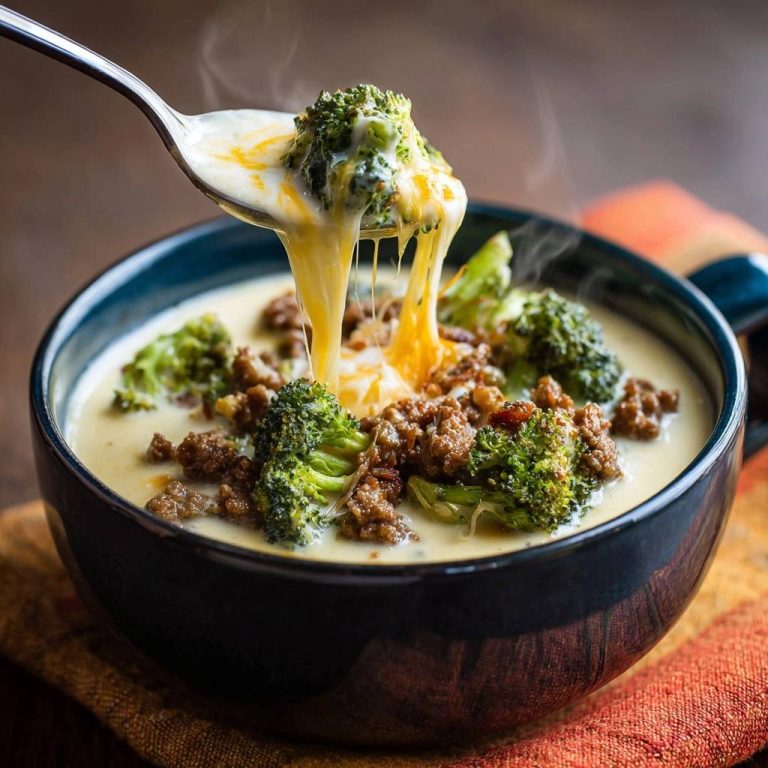Cremige Brokkoli-Käse-Suppe mit Hackfleisch, frisch serviert. Ein Löffel voller geschmolzenem Käse und Brokkoli wird aus der dampfenden Suppe gehoben.