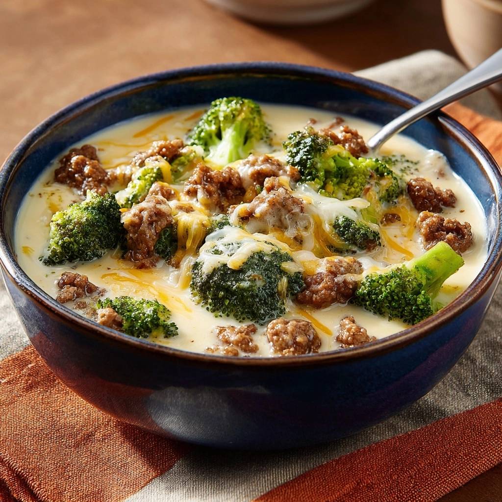 Cremige Brokkoli Kase Suppe Mit Hackfleisch Serviert 1 Cremige Brokkoli-Käse-Suppe mit Hackfleisch in einer blauen Schüssel serviert, garniert mit Käse und Hackfleischkrümeln. Eine köstliche Mahlzeit.