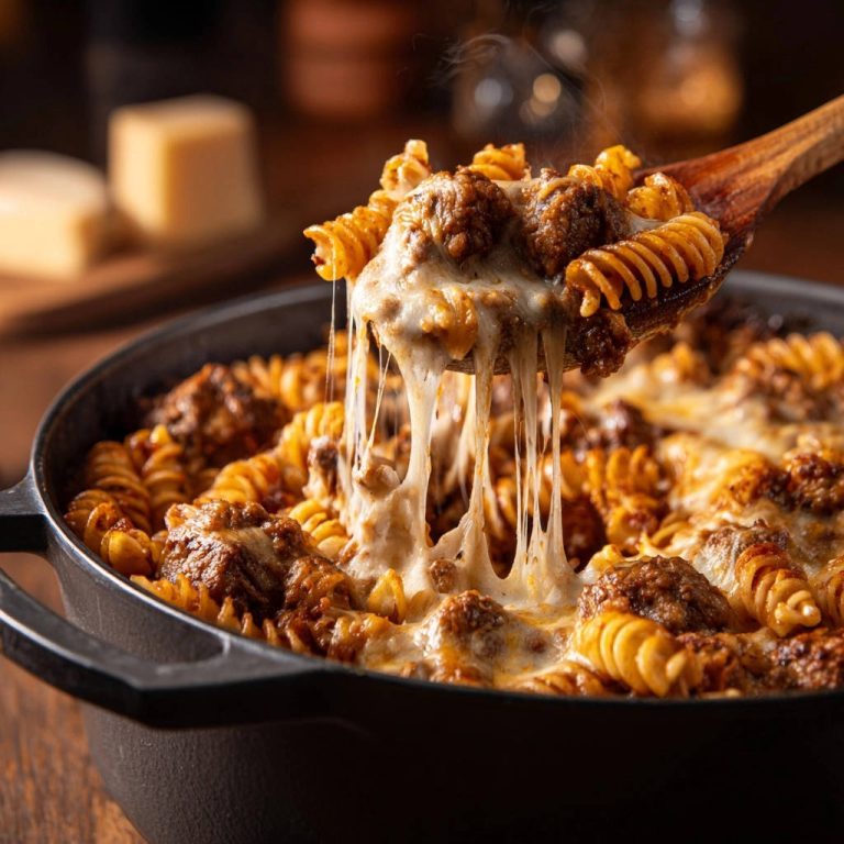 Cremige Hackbällchen-Pasta mit Käse-Pull in Nahaufnahme: Die geschmolzene Käsesauce zieht sich verführerisch von der Gabel.