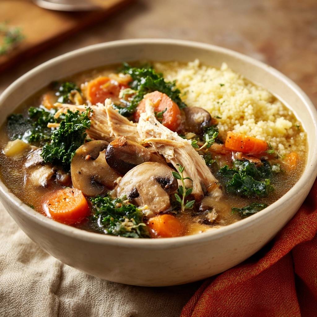 Cremige Hahnchen Grunkohl Suppe Mit Pilzen Couscous Nahaufna 1 Cremige Hähnchen-Grünkohl-Suppe mit Pilzen und Couscous in einer Nahaufnahme, die die Textur des Gerichtes und die Zutaten zeigt.