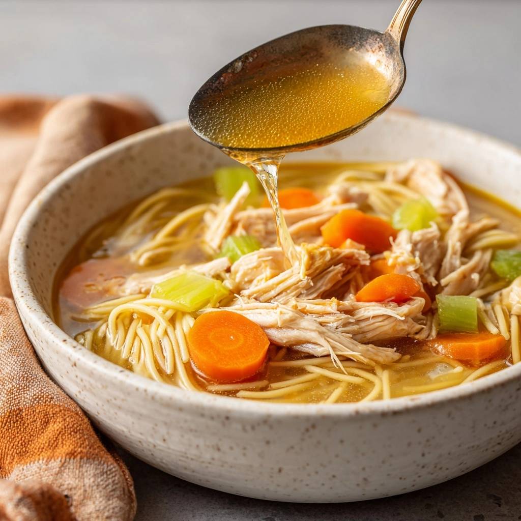 Cremige Hhnernudelsuppe Lffel Giet Brhe 1 Cremige Hühnernudelsuppe mit Nudeln, Hühnchen und Gemüse, während ein goldener Löffel die heiße Brühe hineingießt.