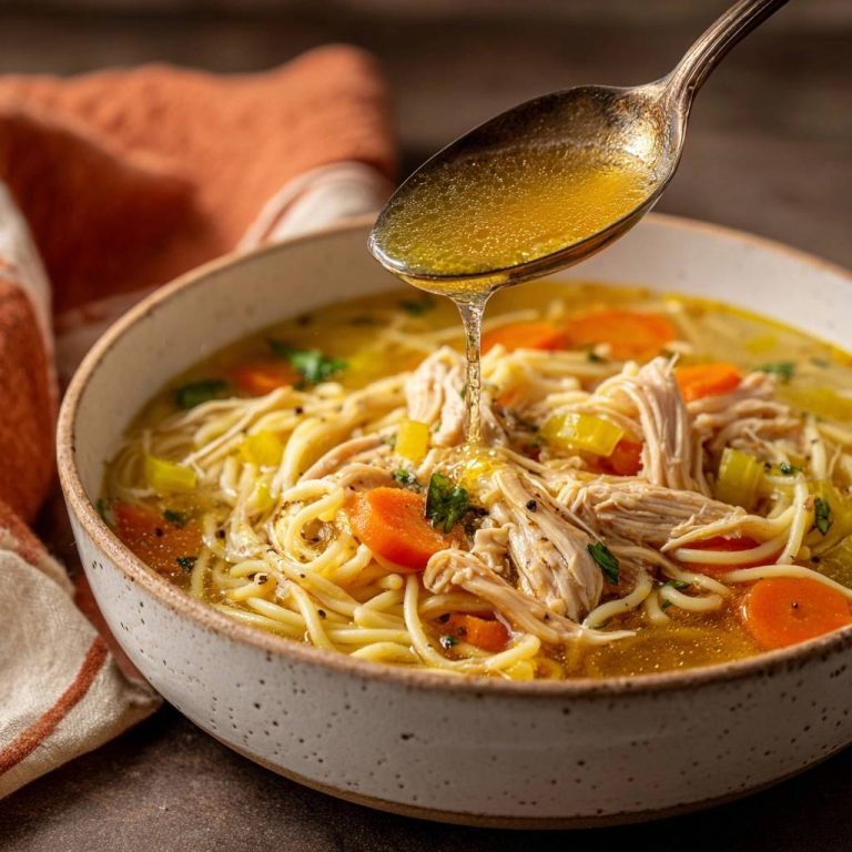 Cremige Hühnernudelsuppe mit Nudeln, Hühnchen und Gemüse, während ein Löffel die goldene Brühe tropfen lässt.