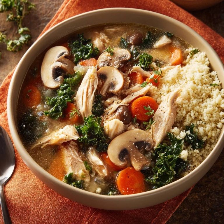 Cremige Hähnchen-Grünkohl-Suppe mit Pilzen und Couscous in einer Nahaufnahme, serviert in einer rustikalen Schüssel auf einem orangefarbenen Untersetzer.