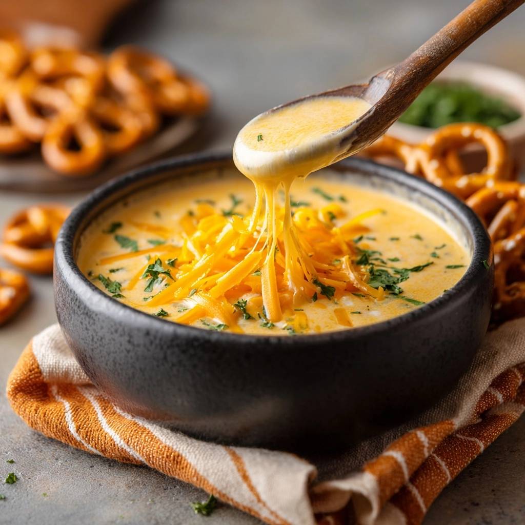 Cremige Kaesesuppe Mit Brezeln Kaese Strang 1 Cremige Käsesuppe mit Brezeln, mit einem Holzloeffel herausgezogen, zeigt einen Strang geschmolzenen Käses. Die cremige Suppe ist mit geriebenem Käse garniert.