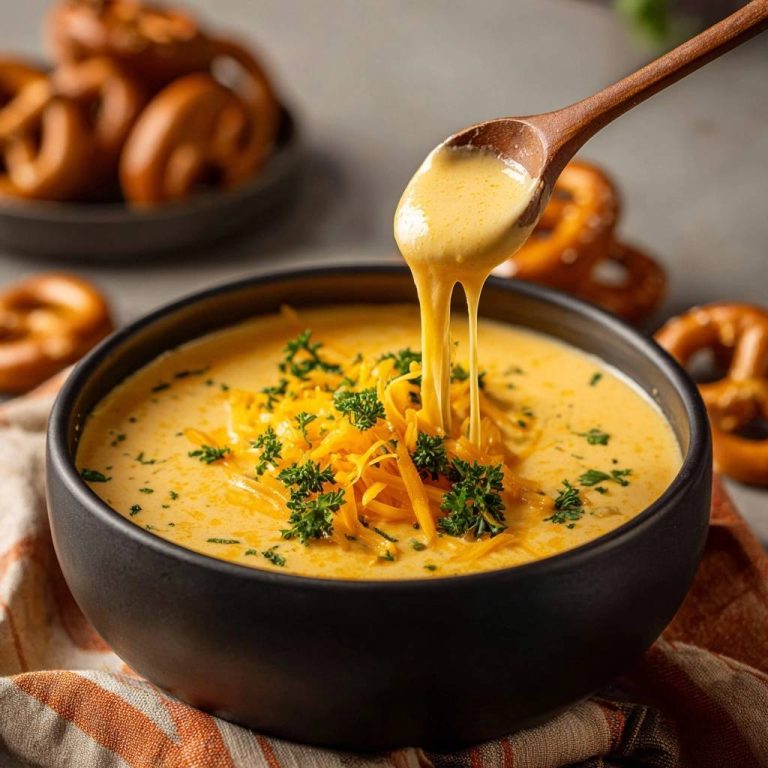 Cremige Käsesuppe mit Brezeln, serviert in einer schwarzen Schüssel, mit Käse, der gerade von einem Holzlöffel tropft.