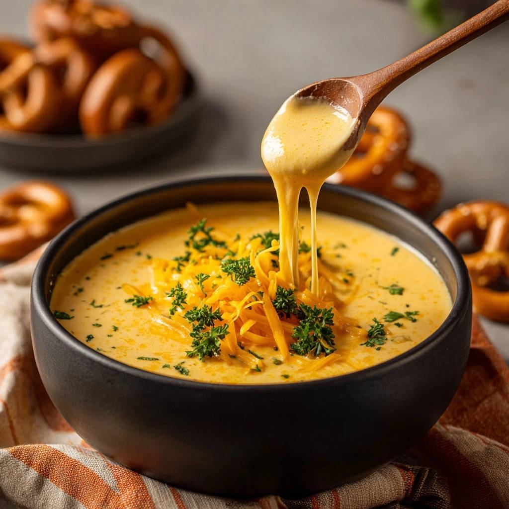 Cremige Käsesuppe mit Brezeln, serviert in einer schwarzen Schüssel, mit Käse, der gerade von einem Holzlöffel tropft.