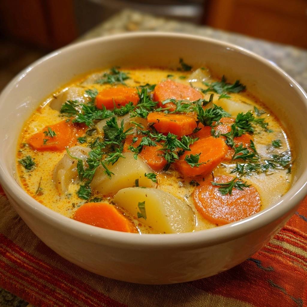 Cremige Karotten Kartoffelsuppe Serviert 1 Cremige Karotten-Kartoffelsuppe serviert in einer cremefarbenen Schüssel, garniert mit frischer Petersilie und einer leichten Sahnesauce.