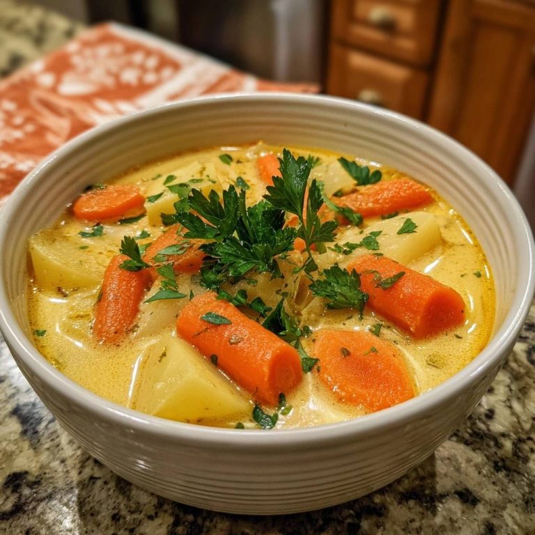 Cremige Karotten-Kartoffelsuppe serviert in einer weißen Schüssel, garniert mit frischer Petersilie, bereit zum Genießen. Die cremige Suppe ist mit Karotten und Kartoffeln gefüllt.